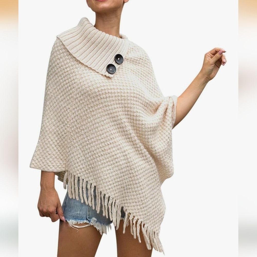 Cream fringe poncho cardigan sweater
